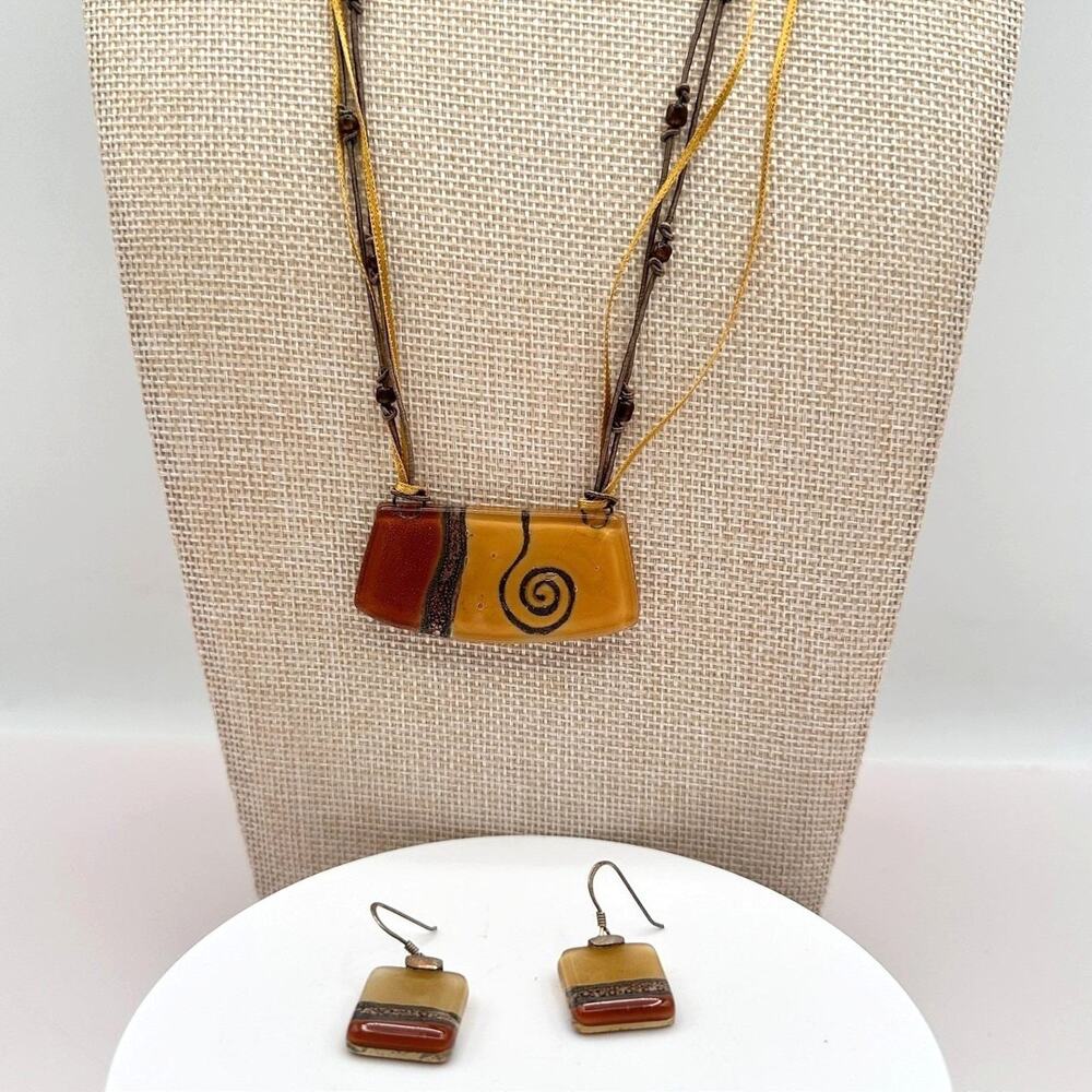 Vintage 90s Earth Tone Fused Glass Necklace Earrings Set Boho Fashion Jewelry